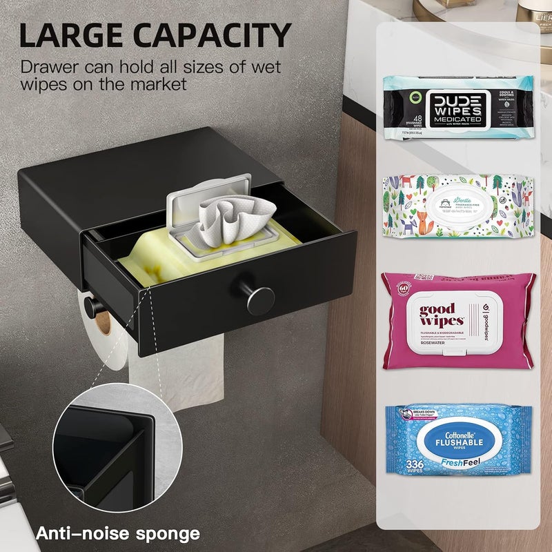 Voldra Toilet Paper Holder with Shelf Black Wipes Dispenser for Bathroom Toilet Paper Holder with Storage Upgrade Drawer Design Toilet Tissue Holder Adhesive Small Bathroom Shelf Wall Mount - Image 2